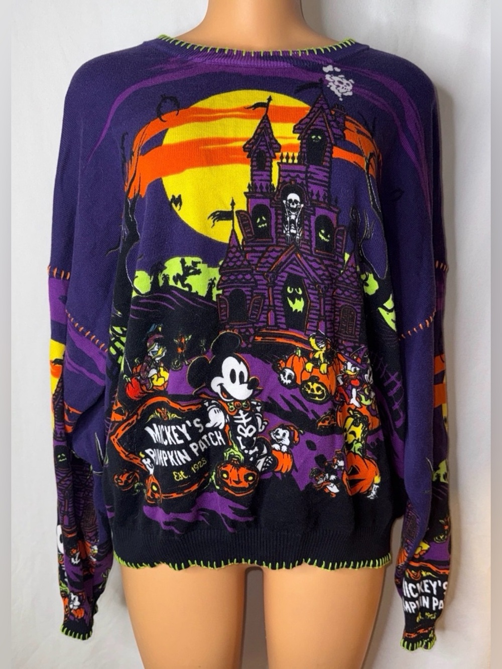 Disney Purple, Black & Orange Halloween Sweater with Neon Green Trim